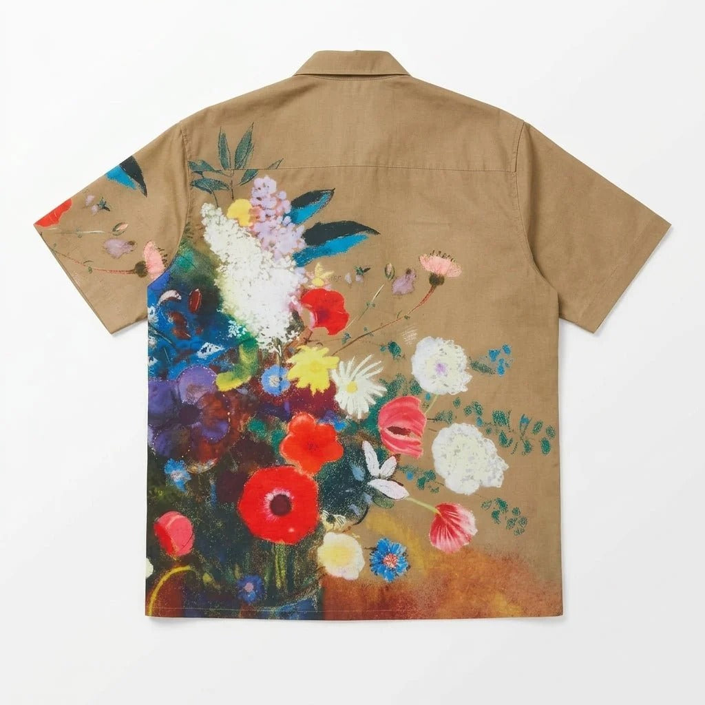 Elegant Floral Print Cuban Collar Half Sleeve Casual Shirt for Men, Summer Vacation Button Down Beach Shirt, Premium Relaxed Fit Floral Resort Wear, Brown Printed Shirt