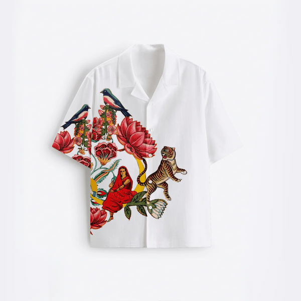Premium Artistic Graphic Print Cuban Collar Half Sleeve Shirt for Men, White Casual Resort Shirt, Vintage Culture Printed Beach Vacation Button Down Shirt