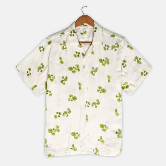 Minimal Leaf Print Cuban Collar Half Sleeve Shirt for Men, Premium White Casual Summer Shirt, Lightweight Beach Resort Vacation Button Down Shirt