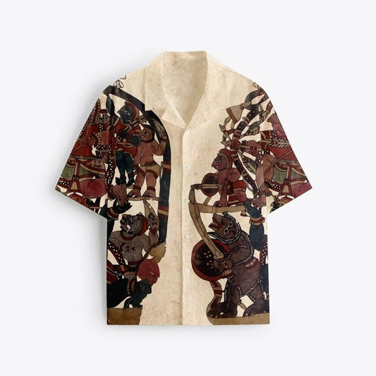 Heritage Tribal Art Print Cuban Collar Half Sleeve Shirt for Men, Premium Ethnic Graphic Casual Resort Shirt, Vintage Cultural Beach Vacation Button Down Shirt