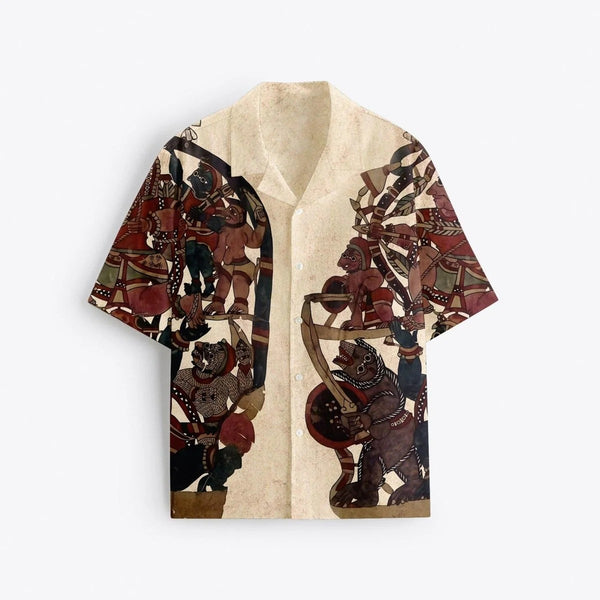 Heritage Tribal Art Print Cuban Collar Half Sleeve Shirt for Men, Premium Ethnic Graphic Casual Resort Shirt, Vintage Cultural Beach Vacation Button Down Shirt