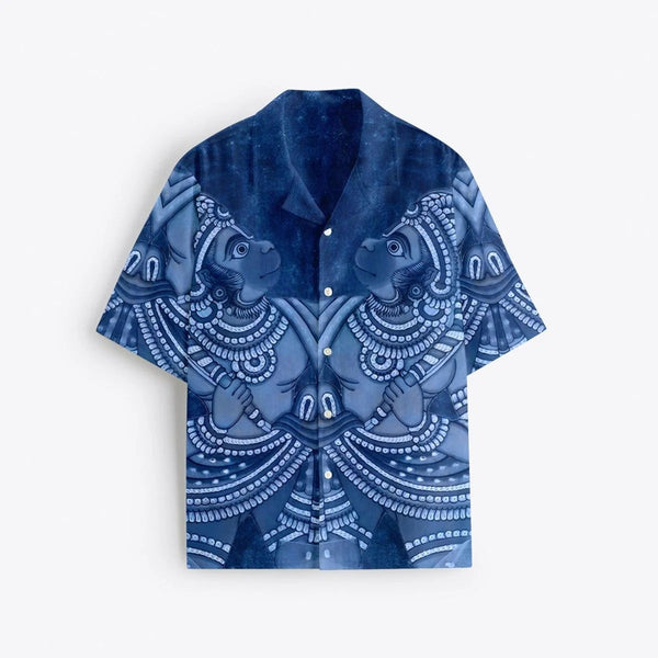 Blue Mythological Art Print Cuban Collar Half Sleeve Shirt for Men, Premium Heritage Graphic Casual Resort Shirt, Vintage Cultural Beach Vacation Button Down Shirt
