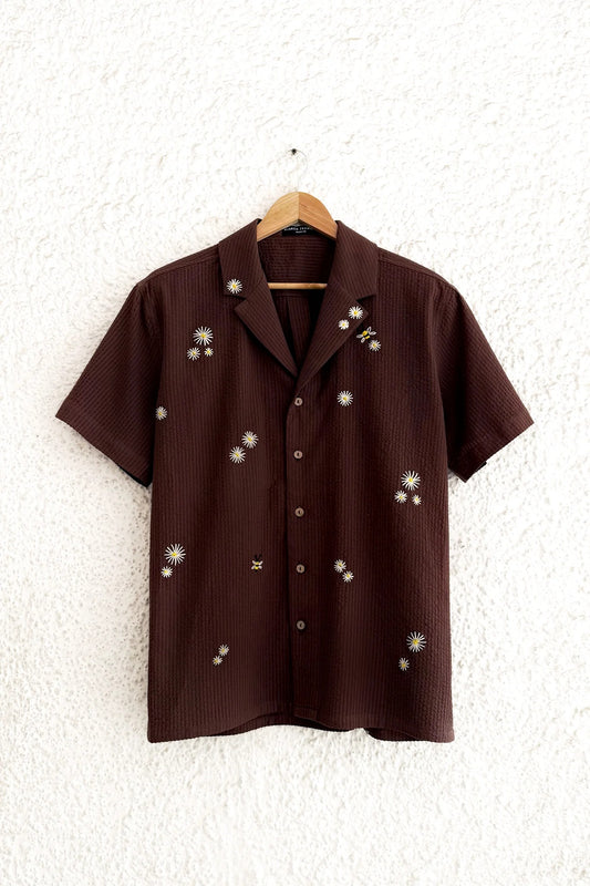 Premium Textured Daisy Embroidered Cuban Collar Half Sleeve Shirt for Men, Brown Casual Summer Resort Shirt, Minimal Floral Beach Vacation Button Down Shirt