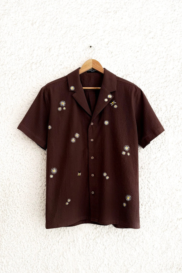 Premium Textured Daisy Embroidered Cuban Collar Half Sleeve Shirt for Men, Brown Casual Summer Resort Shirt, Minimal Floral Beach Vacation Button Down Shirt