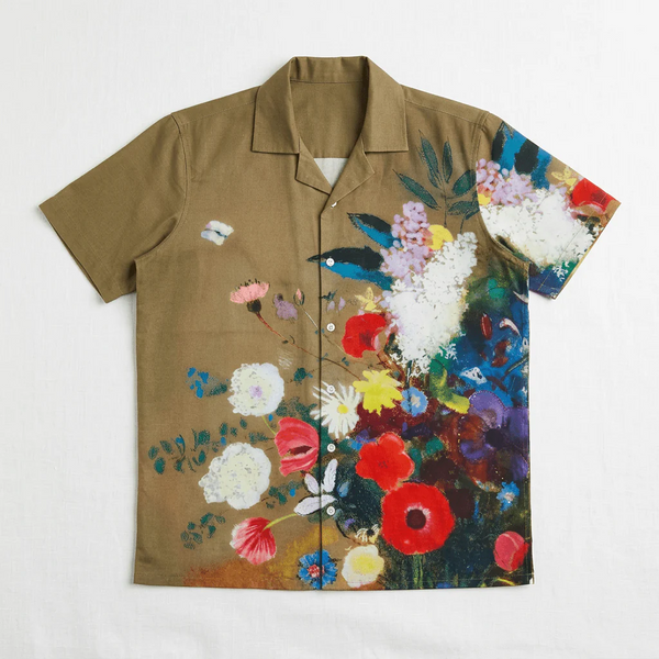 Elegant Floral Print Cuban Collar Half Sleeve Casual Shirt for Men, Summer Vacation Button Down Beach Shirt, Premium Relaxed Fit Floral Resort Wear, Brown Printed Shirt