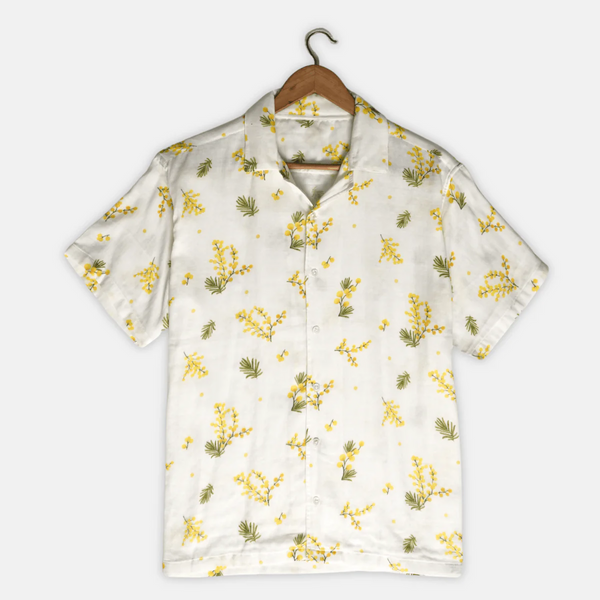 Minimal Floral Print Cuban Collar Half Sleeve Shirt for Men, Premium White Casual Summer Shirt, Botanical Resort Beach Vacation Button Down Shirt